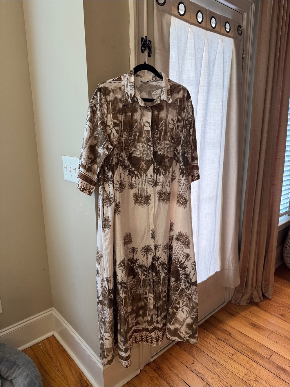 Button-Front Maxi Shirt Dress in Brown and Cream